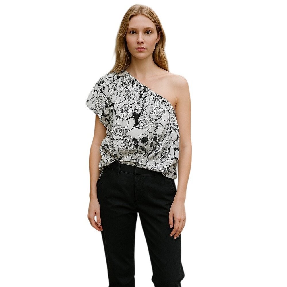 Thomas Wylde One Shoulder Silk Skull and Rose Blouse Top Extra Small XS